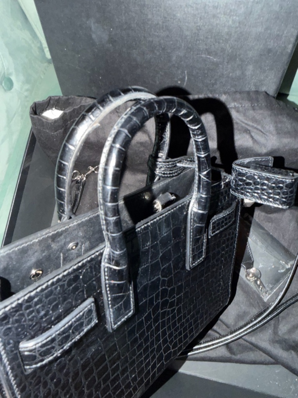 Authentic Saint Laurent Black Croc-Embossed Leather Top Handle Satchel - Picture 8 of 14